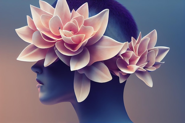 Retrato abstrato de arte contemporânea de uma jovem com flores3D renderização ilustração raster