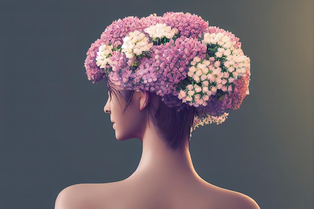 Retrato abstrato de arte contemporânea de uma jovem com flores3D renderização ilustração raster