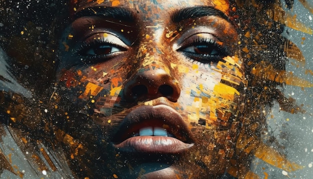 Retrato abstrato de etnia negra de mulher imagem de ilustração bonita de cor dourada ia generativa