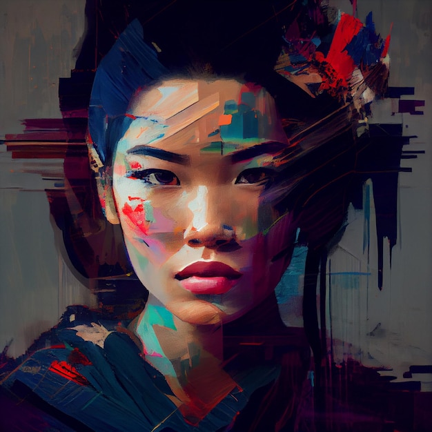 Retrato abstrato de mulher asiática com ilustração de efeito de falha Generative AI