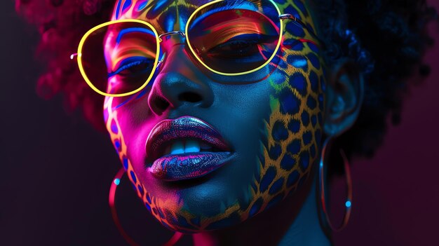 Retrato abstrato de mulher negra à moda com padrão de pele animal compõe imagem gerada por IA