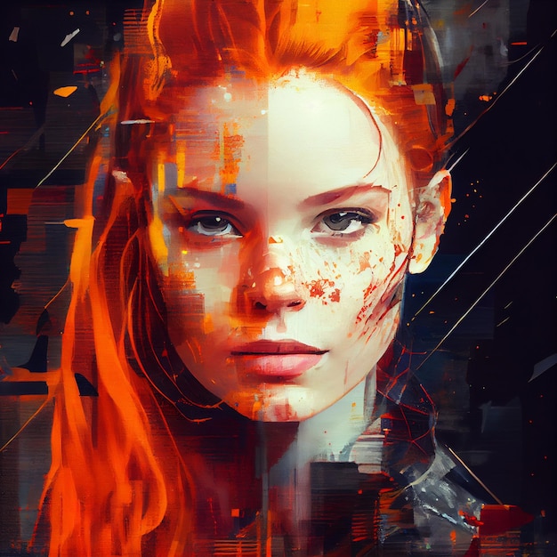 Retrato abstrato de mulher ruiva com ilustração de efeito de falha Generative AI