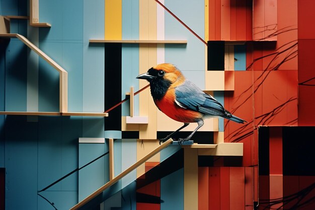Foto retrato abstrato de um pássaro dentro de um cenário arquitetônico de vanguarda fundindo beleza natural e inteligência