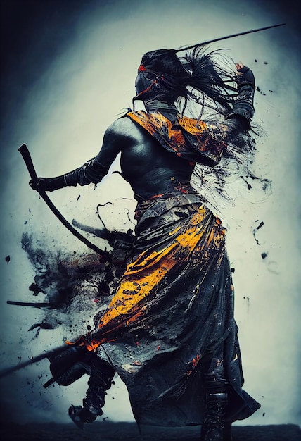 Retrato abstrato de uma antiga guerreira com espadas Conceito de uma antiga guerreira corajosa