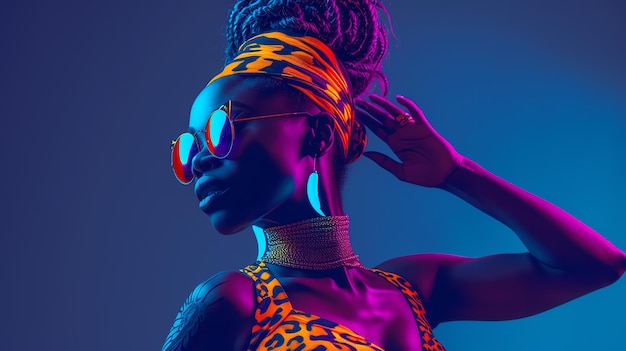 Foto retrato abstrato de uma bela mulher negra dançando em luzes de néon imagem gerada por ia