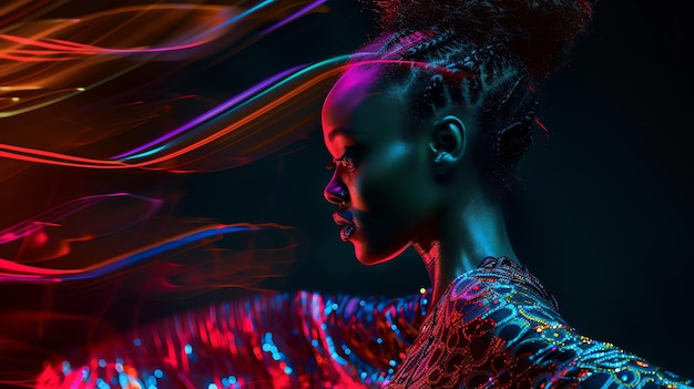 Retrato abstrato de uma bela mulher negra dançando em luzes de néon imagem gerada por IA