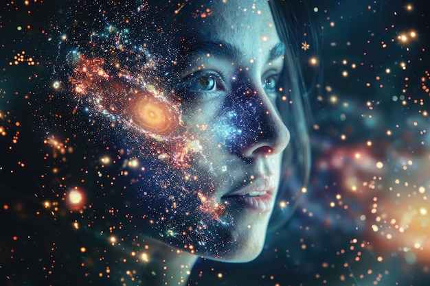 Retrato abstrato de uma mulher sonhadora com uma galáxia dentro da cabeça