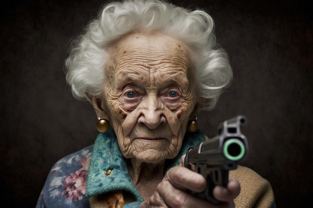 Retrato de una abuela armada con cabello gris Generativo ai
