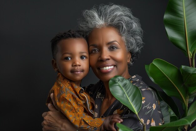 Foto retrato de la abuela feliz de cabello gris con sus nietos