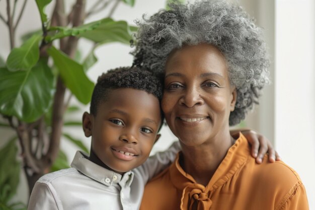 Foto retrato de la abuela feliz de cabello gris con sus nietos