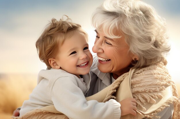 Retrato de una abuela feliz jugando con su nieto