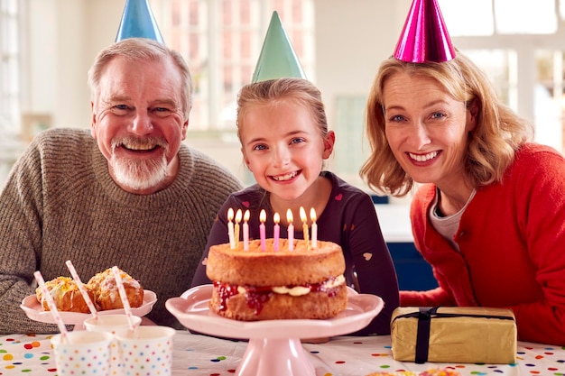 retrato, de, abuelos, con, nieta, celebrar, cumpleaños, con, fiesta, en casa, juntos
