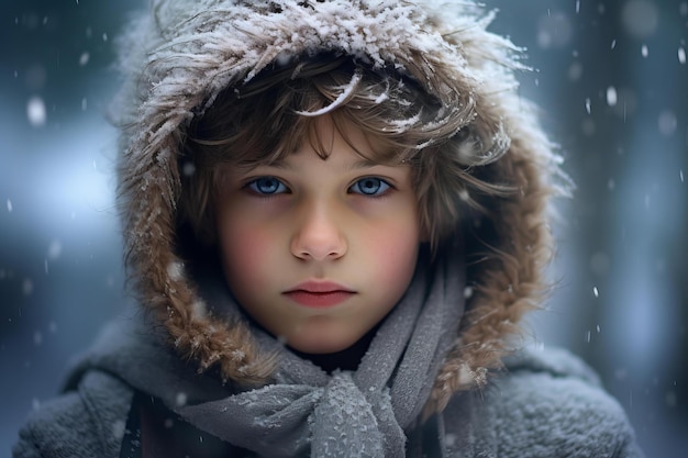 Retrato aconchegante de um menino com roupas azuis de inverno