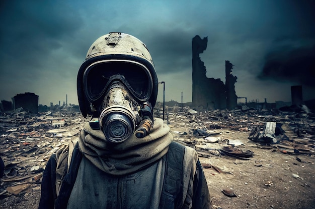 Retrato de un acosador en hazmat y usando una vieja máscara de gas contra un fondo apocalíptico