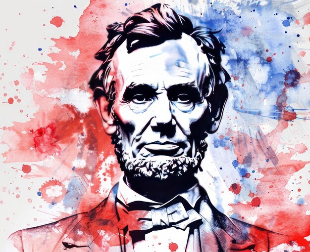 Foto un retrato en acuarela de abraham lincoln en colores rojo, blanco y azul en un fondo aislado