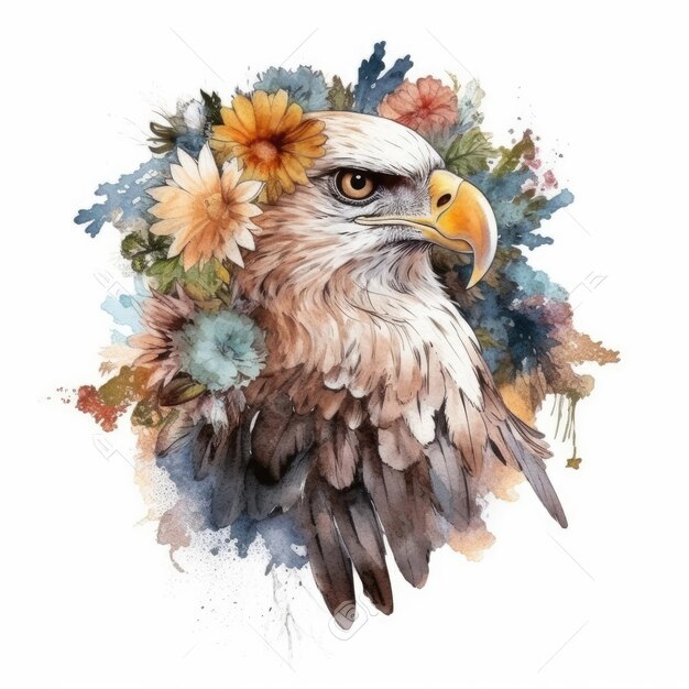 Retrato de acuarela de un águila calva con flores.