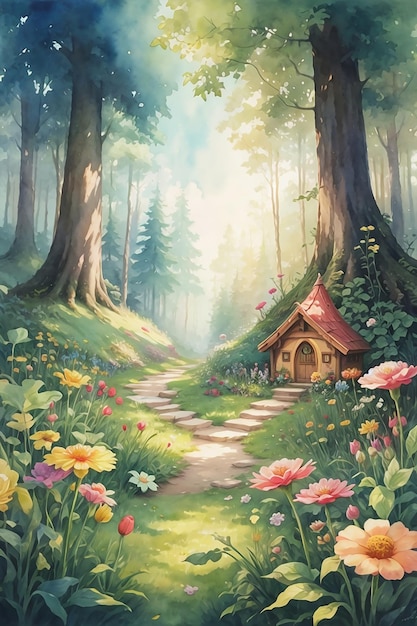 Retrato en acuarela del bosque encantado del país de las hadas con setas y una pequeña casa