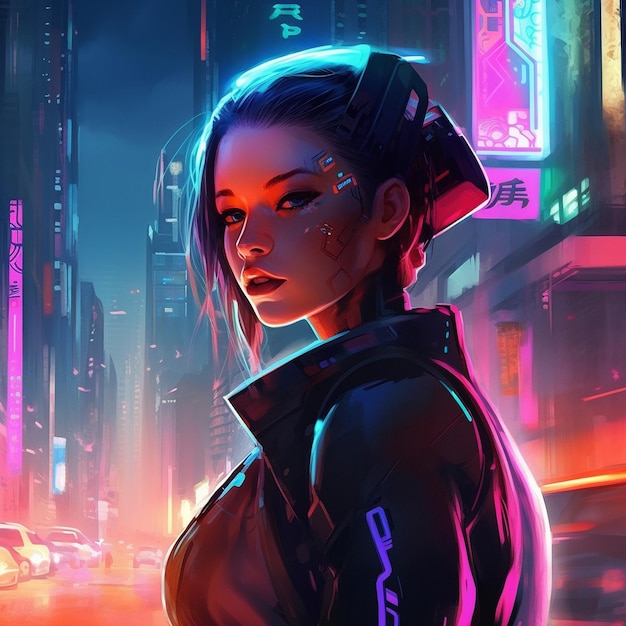 Retrato en acuarela de una chica al estilo cyberpunk