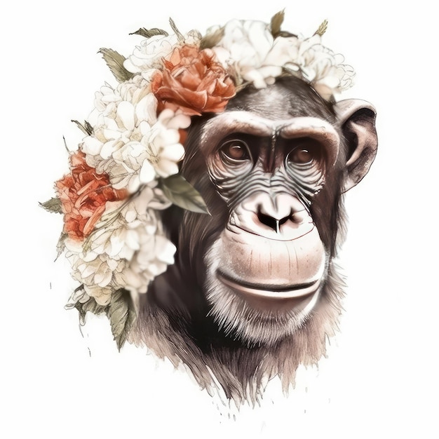 Retrato en acuarela de un chimpancé con una corona de flores.