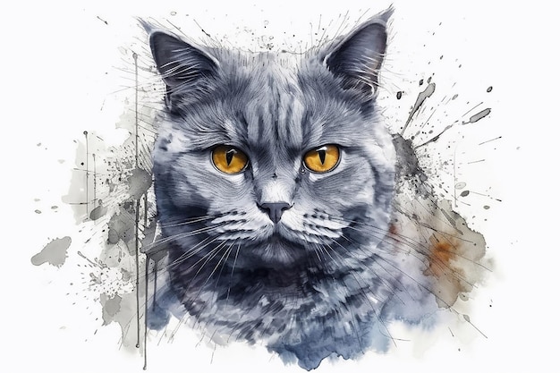 Retrato de acuarela de un gato británico gris sobre fondo blanco creado con tecnología de IA generativa