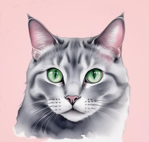 Retrato en acuarela de un gato gris sobre un fondo de acuarela