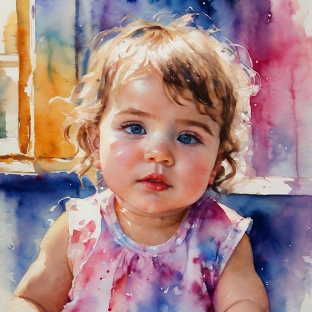 Un retrato en acuarela de una joven con llamativos ojos azules.