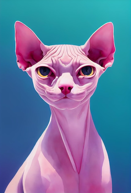 Retrato de acuarela de lindo gato Sphynx