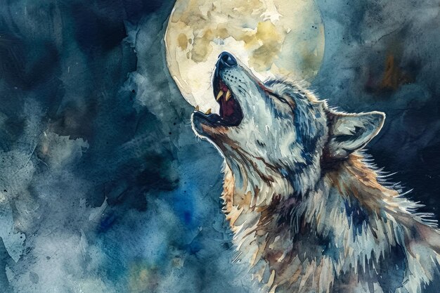 Retrato en acuarela de un lobo aullando a la luna