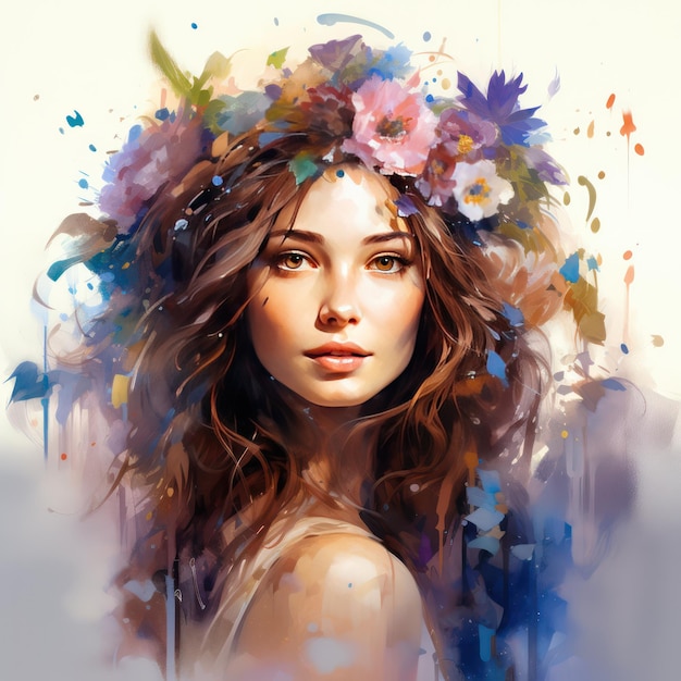 retrato en acuarela de una mujer con una corona floral