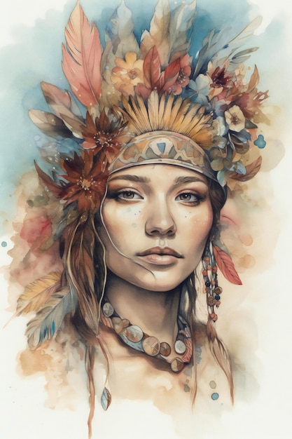 Un retrato en acuarela de una mujer con plumas en la cabeza.