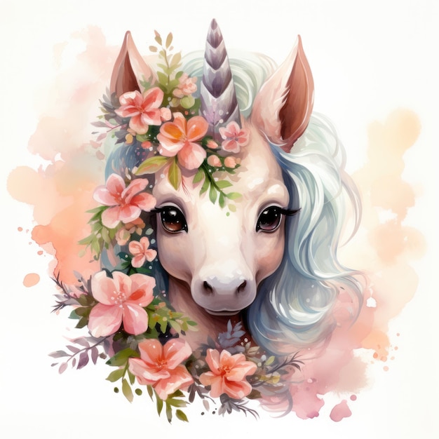 Retrato acuarela de un unicornio con flores sobre fondo blanco