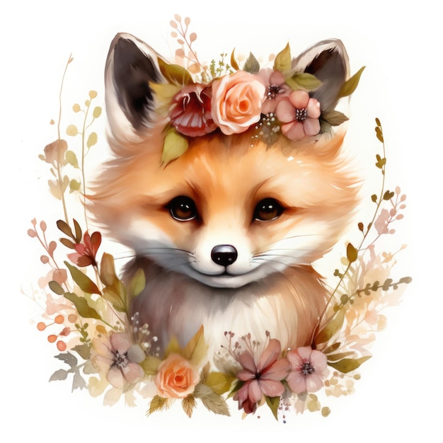 Retrato de acuarela de un zorro lindo en una corona de flores