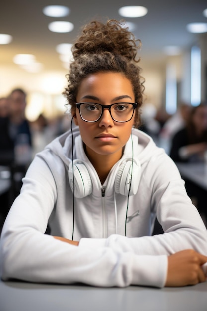 Retrato de una adolescente de aspecto serio con gafas y auriculares