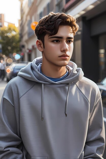 Foto retrato de un adolescente en la calle al aire libre con una sudadera