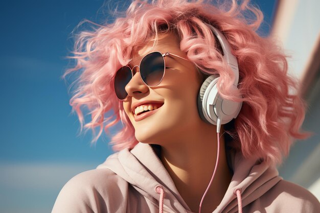 Foto retrato de una adolescente caucásica feliz con el cabello rosado usando auriculares una chica bonita con una sudadera
