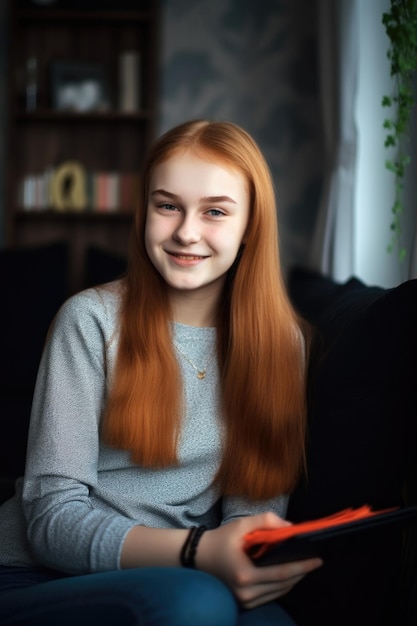 Retrato de una adolescente feliz relajándose con su tableta digital en casa creado con IA generativa