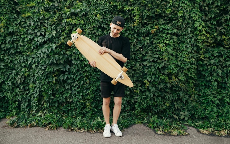 Foto retrato de adolescente con longboard sobre fondo de pared verde
