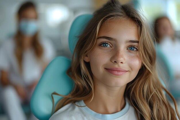 Retrato de una adolescente en la silla del dentista esperando que le revisen los dientes Sonrisa conceptual