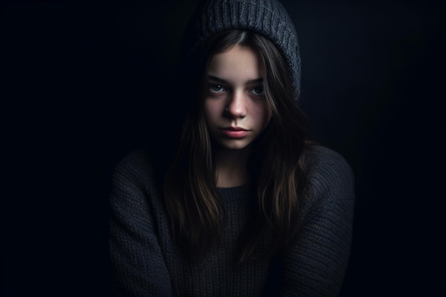 retrato de una adolescente triste en un fondo oscuro fotografía de luz oscura