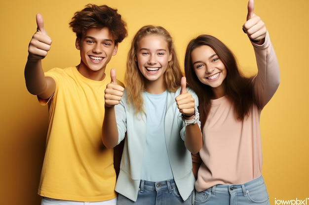 Retrato de adolescentes mostrando el pulgar hacia arriba sobre fondo de color