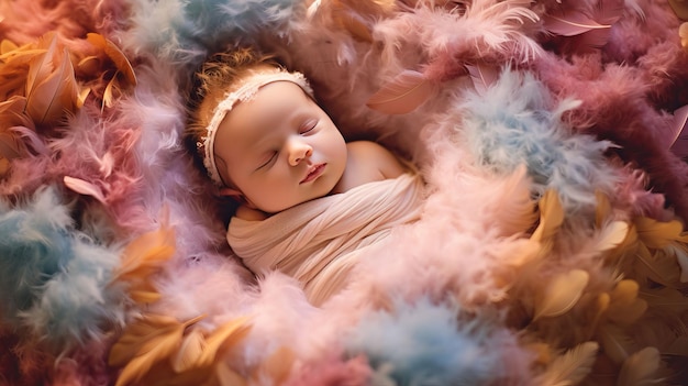 Un retrato de un adorable bebé recién nacido durmiendo pacíficamente en un nido de plumas - generado por Ai