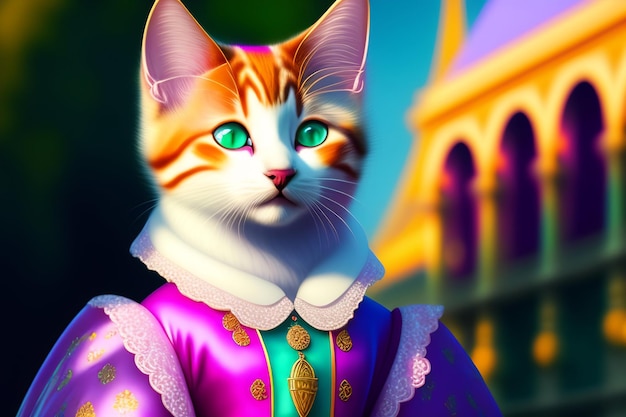 Retrato de un adorable gatito antropomórfico como María Antonieta con un elegante traje francés