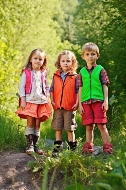 Retrato de un adorable grupo de niños parados afuera en la naturaleza creado con ai generativa