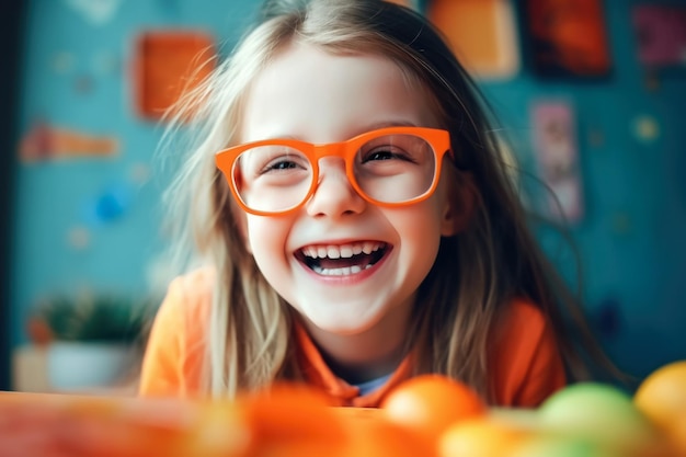retrato de una adorable niña sonriente con gafas Felicidad lúdica Concepto de IA generativa