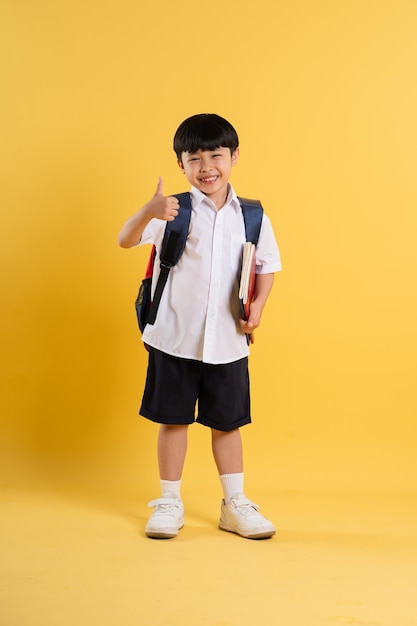 Retrato de un adorable niño asiático posando sobre un fondo amarillo
