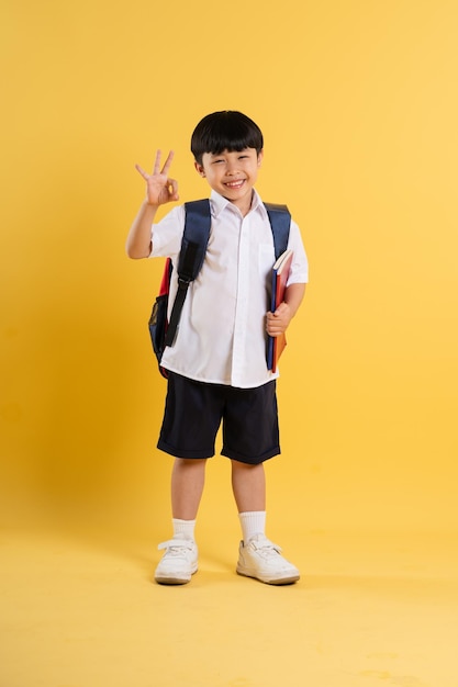 Retrato de un adorable niño asiático posando sobre un fondo amarillo