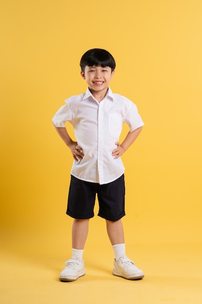 Retrato de un adorable niño asiático posando sobre un fondo amarillo