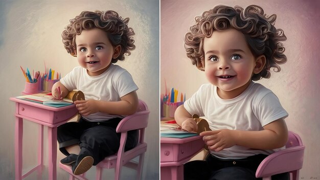 El retrato adorable del niño en camiseta blanca y pantalones negros en el escritorio rosa