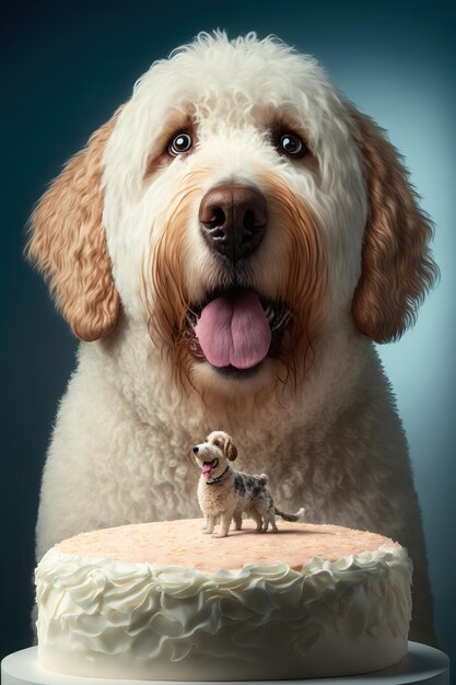 Retrato de un adorable perro doméstico celebrando un cumpleaños frente a un delicioso pastel con una vela Concepto de mejor amigo