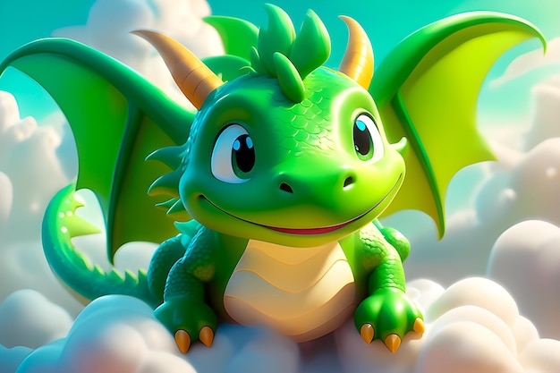 Foto retrato de un adorable personaje de estilo de animación 3d dragón bebé verde en una nube esponjosa